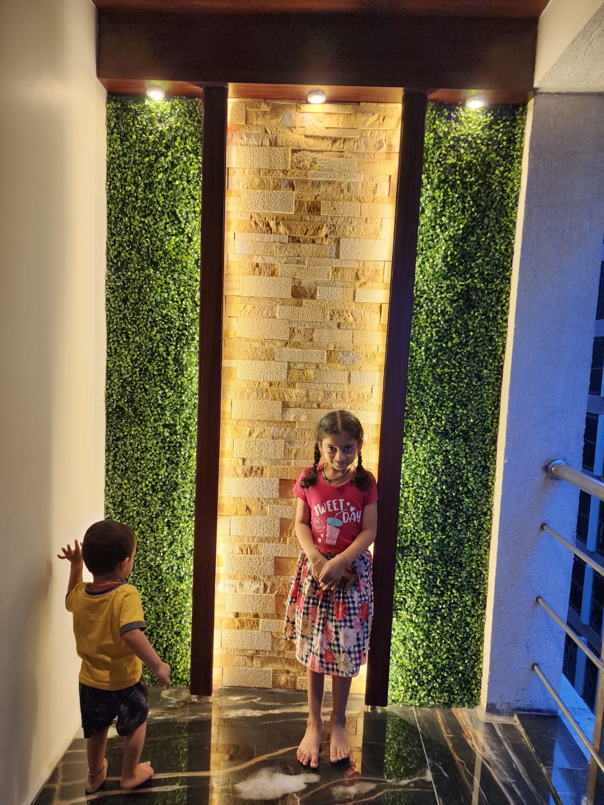 Stone cladding entry with vertical grass panels in Vizag