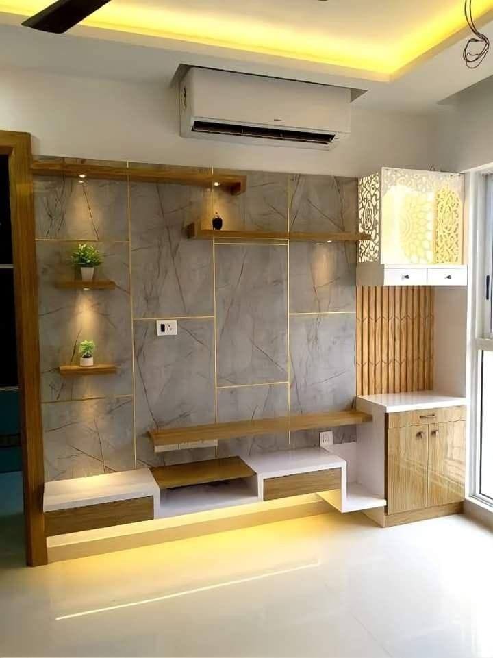 Marble & wood TV unit with floating shelves in Vizag
